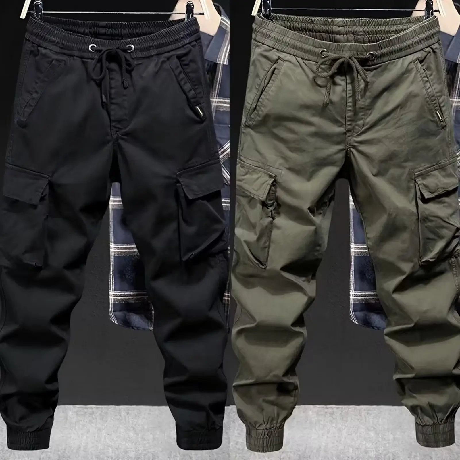 Men Cargo Pants Drawstring Elastic Waist Loose Multi Pockets Solid Color Soft Breathable Ankle-banded Daily Sports Streetwear Hip Hop Long Trousers