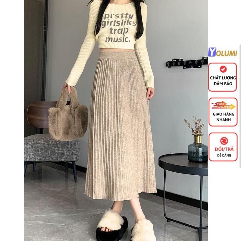 Chân Váy Len Dài Vừa Phải Xếp Ly Váy Chữ A Chất Dày Dặn Phong Cách Hàn Quốc YOLUMI Nữ Women chân  váy