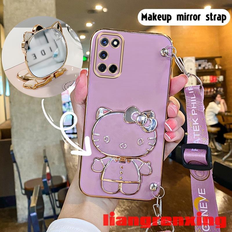 For ốp lưng OPPO A92 OPPO A52 A74 5G ốp điện thoại vỏ mềm silicon mạ điện vỏ bảo vệ chống sốc thiết kế mới dây đeo cổ dây đeo ba lô có giá đỡ WDKTM01 cho bé gái viền vuông cute