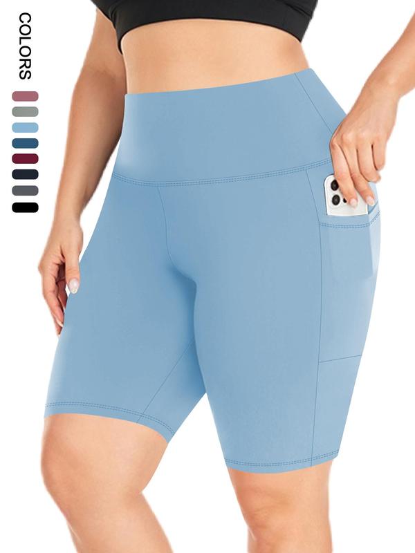 【Plus Size】 Plain High Waist Pocket Design Skinny Shorts, Casual Comfy Breathable High Stretch Seamless Shorts for Daily Outdoor Sport, Gym Wear, Shorts for Women, Workout Clothes 6