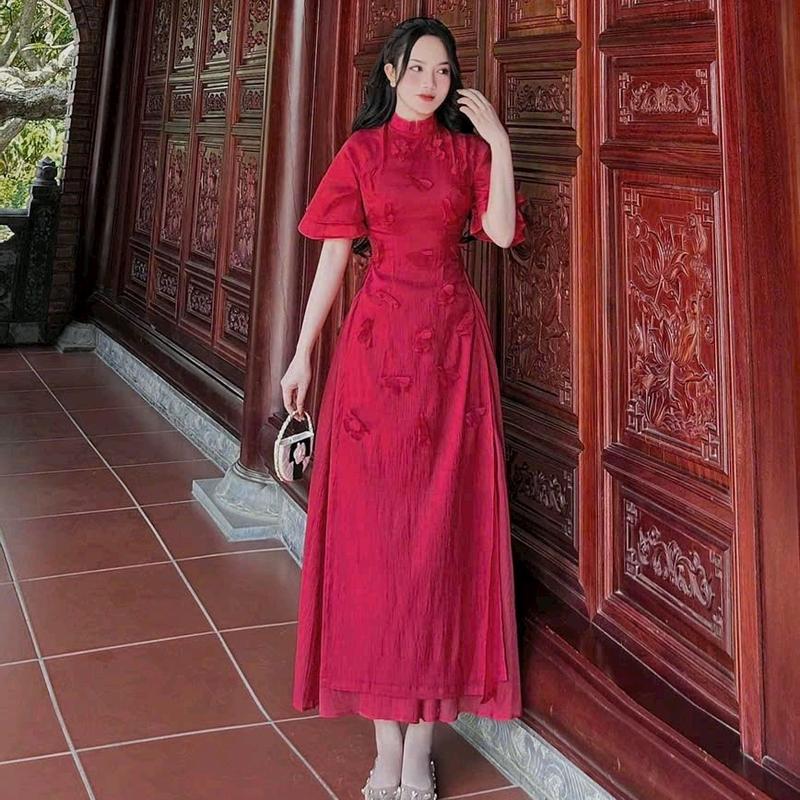 SÉT ÁO DÀI TƠ ĐÍNH BÔNG tay phồng phối chân váy voan lụa 5