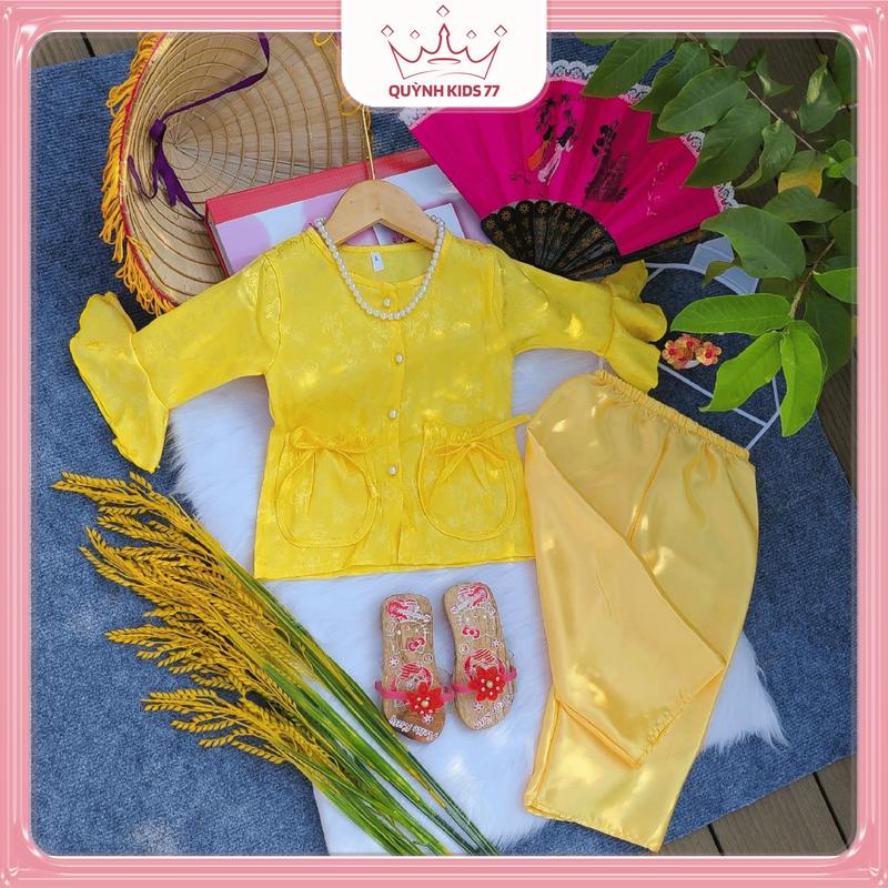 ( 9-43kg) Áo bà ba gấm hoa tay loe kèm quần dài phi bóng mềm mượt, mát mẻ ,cao 1,48m trở lại đồ  em bé gái