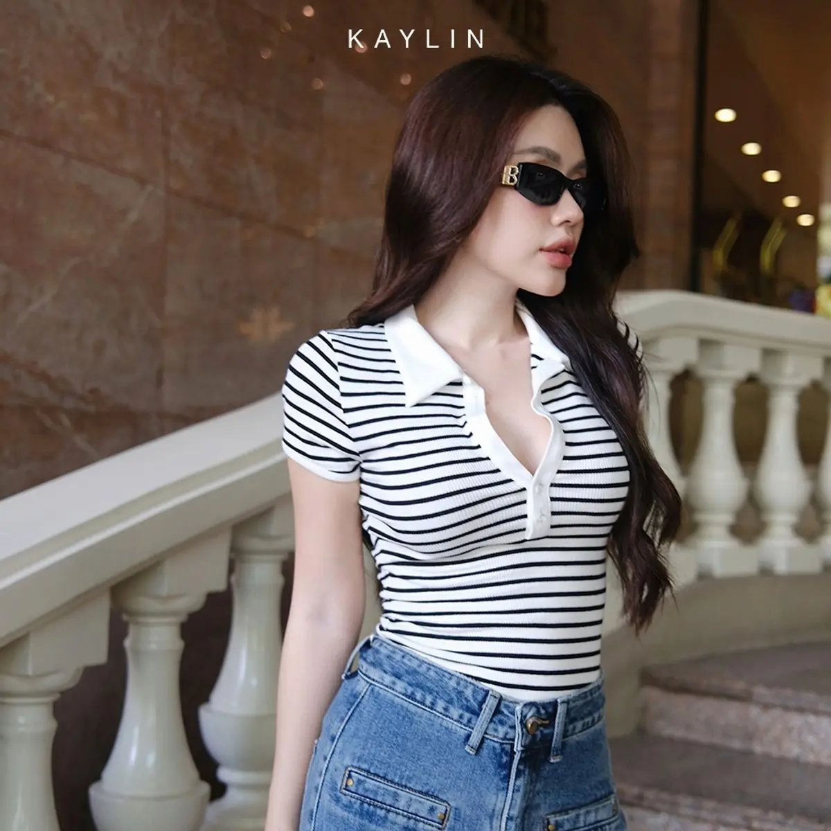 Áo thun nữ KAYLIN form ôm cổ Sơ mi phối sọc chất vài thun co giản form Polo phong cách công sở thanh lịch - N2252 Top Women Polo Cotton | BigBuy360 - bigbuy360.vn