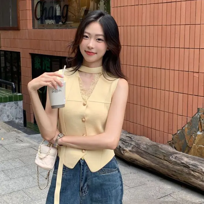 Áo Ba Lỗ Dệt Kim Cổ Chữ V, Trang Trí Ren Kiểu Pháp, Không Tay, Áo Cơ Sở, Để Lớp Nếp Nữ Women Top Denim 3