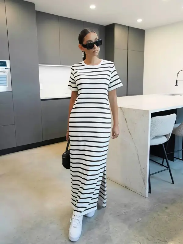 Women's Striped Print Round Neck Dress, Casual Short Sleeve Crew Neck Dress for Daily Wear, Ladies Clothes for All Seasons 3