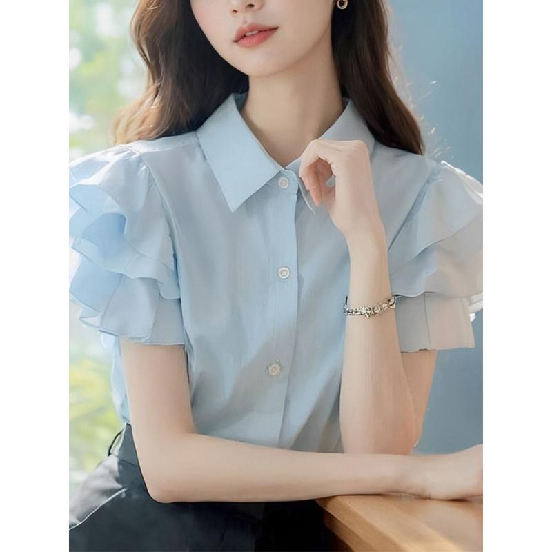 (in Stock) European Goods Beautiful Fashion Casual Temperament High-Grade Super Nice Top Blue Ruffled Short Sleeves Women's Shirt Women's Summer Blouse Lingerie 8