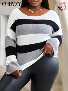 CURVZY Plus Size Striped Print Drop Shoulder Sweater, Casual Long Sleeve Boat Neck Jumper for Fall & Winter, Women's Clothing for Daily Wear