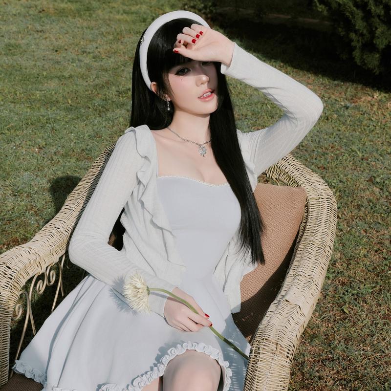 Váy cotton xanh gấu quấn bèo + Áo cadigan cotton cổ bèo (sản phẩm tách lẻ - lưu ý khi đặt hàng)