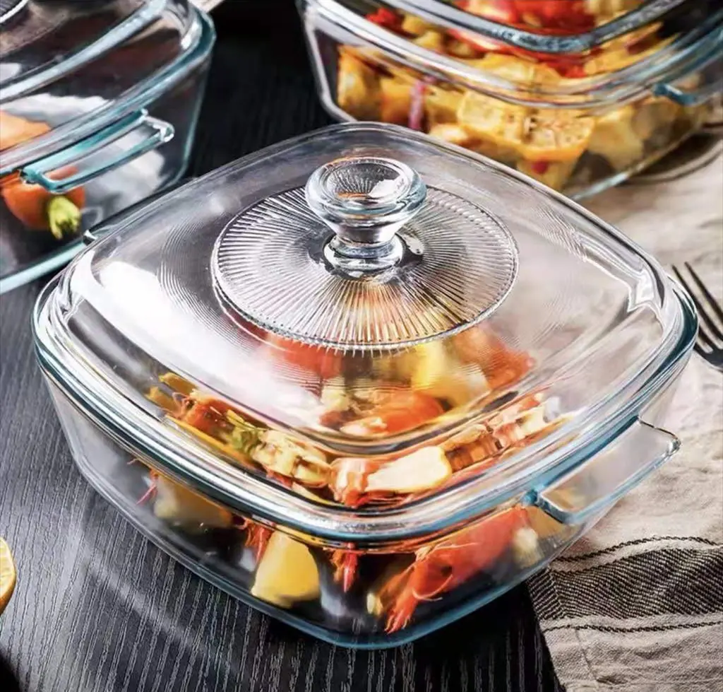 Microwaveable Square Tempered Bakeware Glass Transparent with Cover Food Storage