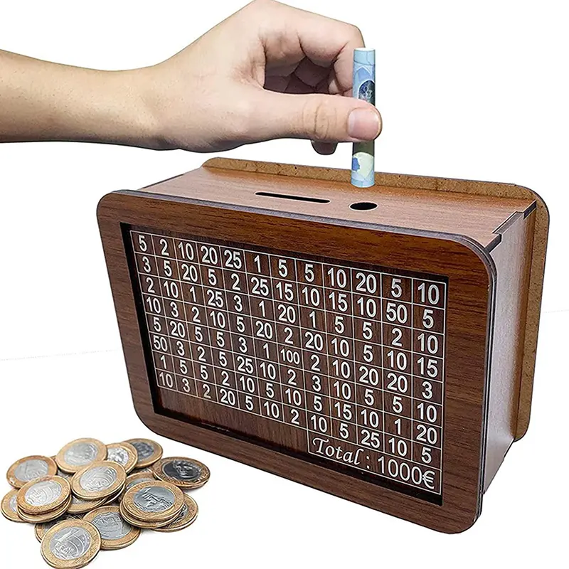 Piggy Bank, Bank Kayu, dengan Matlamat dan Nombor Simpanan, Membantu Tabiat Menyimpan, Boleh Digunakan Semula, Kotak Wang, dengan Tema Wang