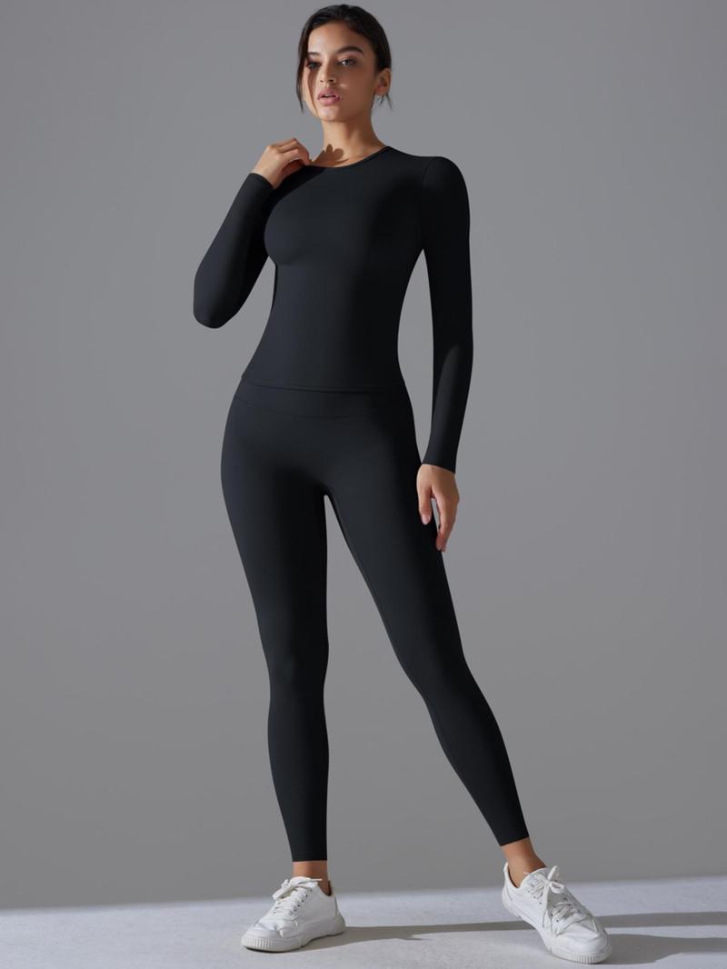 Product Introduction of Women's Solid Long Sleeve Tee & Leggings Sports Set, Sporty Casual Comfy Breathable Two-piece Outfits for Yoga Gym Workout Running Fitness, Ladies Sportswear for All Seasons, High Stretch Tracksuit 6