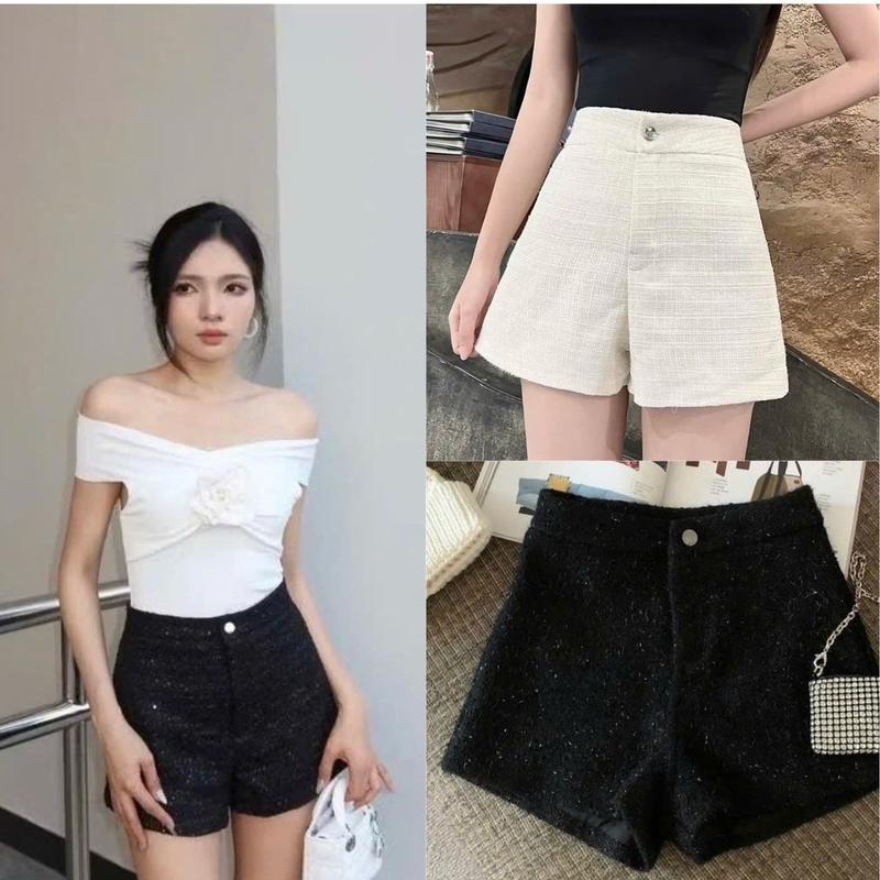 Quần sooc Dạ blinh nhũ hàng 2 lớp cúc cài cạp cao tôn dáng