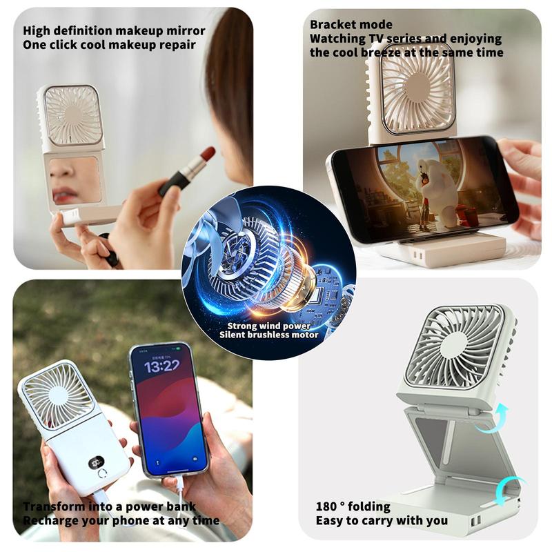 Portable Fan with Makeup Mirror, 2500mAh Rechargeable Handheld Fan, Multifunctional Foldable Makeup Mirror Fan, Desktop Phone Holder Fan 3