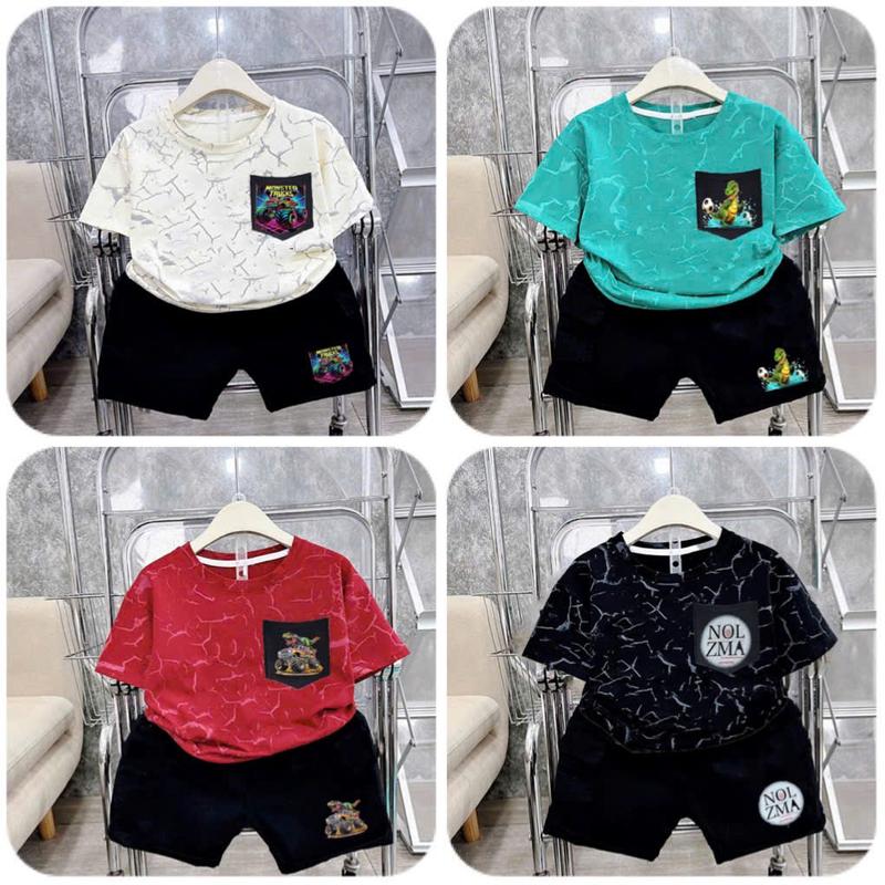 Combo 4 bộ cộc tay bé trai có túi in hình khủng long và xe hơi chất cotton in loang size 10-55kg