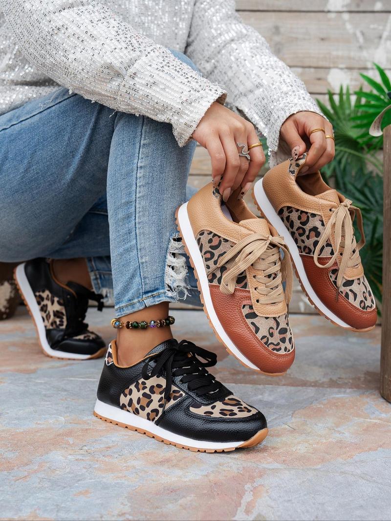 Product Introduction of Women's Fashion Leopard Print Lace Up Low Top Sneakers, Casual Comfortable Lightweight Sports Shoes, Female All-match Round Toe Shoes for Daily Wear 1
