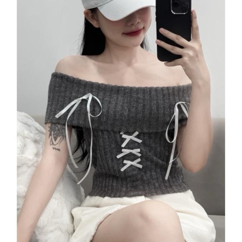 Áo Nữ Kiểu Trễ Vai Đính Nơ DaaLaa Store Phong Cách Coquette A51092