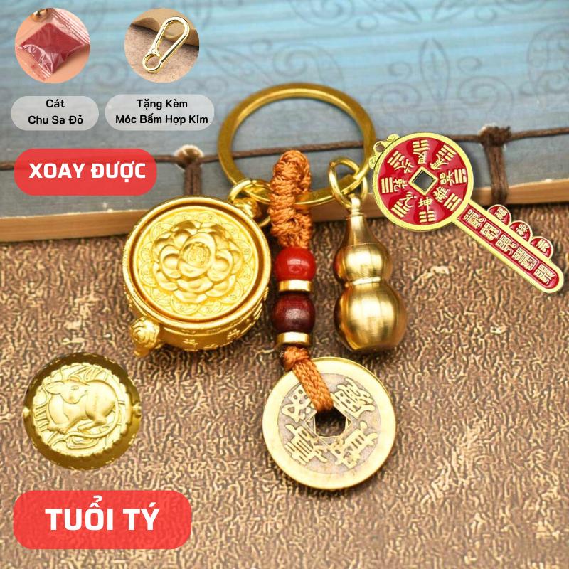   Kèm Cát Đỏ + Móc Bấm Hợp Kim  Bộ Móc Khóa Bát Tụ Bảo 4 Món Khắc 12 Con Giáp - Chìa Khóa Xu Cổ - Chất Liệu Hợp Kim móc  khoá  xe  máy 