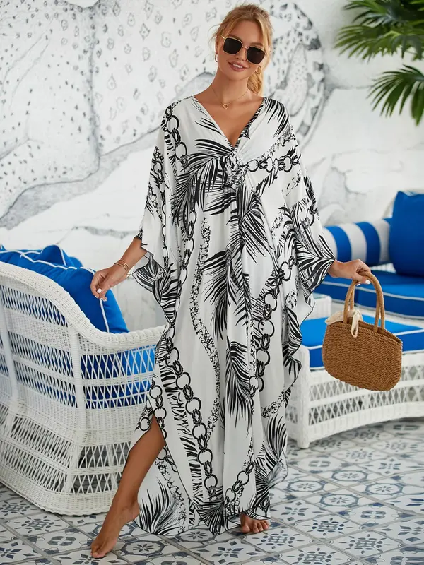 Women's Leaf & Chain Print Batwing Sleeve Split Hem Dress, Summer Outfits 2024, Dress in Club, Dresses for Women, Summer Dresses 2024, Boho Casual Long Sleeve V Neck Dress for Spring & Fall, Women's Clothing for Beach Holiday Vacation 0