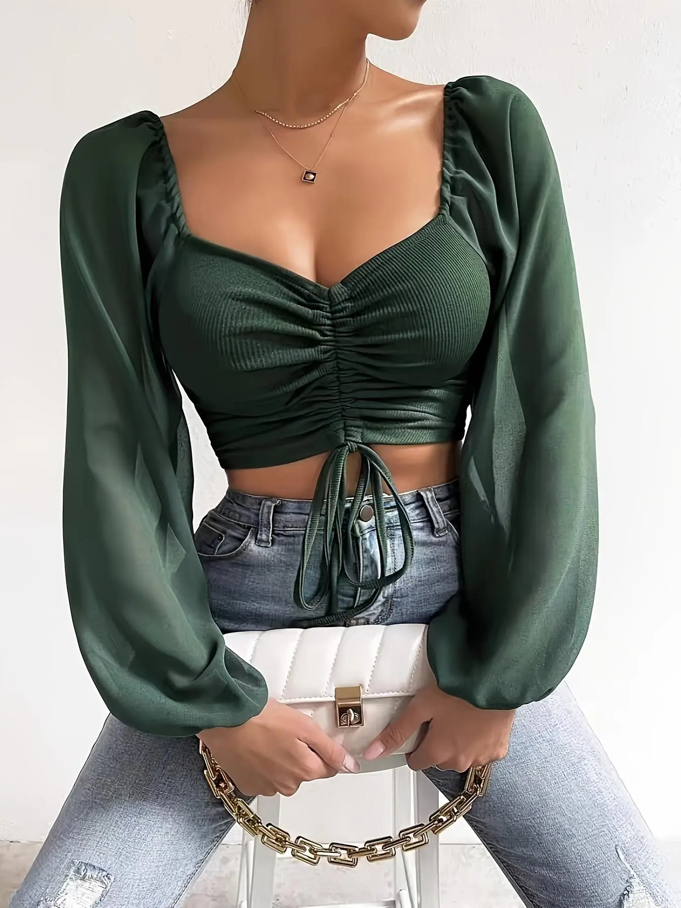 Women's Plain Drawstring Ruched Lantern Sleeve Crop Tee, Summer Clothes Women, Elegant Sweetheart Neck Long Sleeve T-shirt for Spring & Fall, Women's Clothes for Summer Daily Outdoor Wear Valentine's Day, gift