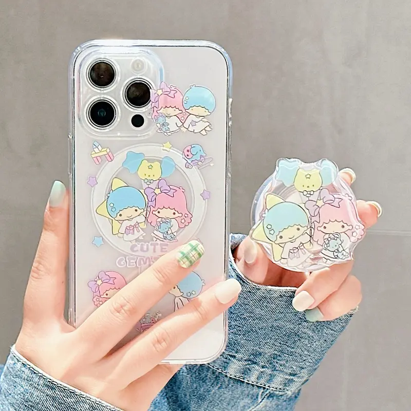 Gemini Little Twins Star Magsafe Phone Case with Foldable Phone Holder For iPhone 16 Pro Max 15 Pro Max 14 Pro Max Plus Magnetic Soft Phone Back Cover for iPhone 11 12 13 Pro Max Back Shell