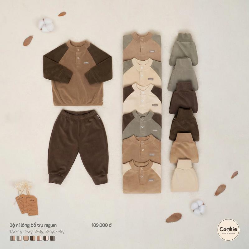 Bộ Quần Áo Cookie Dài Tay Nỉ Lông Bổ Trụ Raglan Cookie Cho Bé Size 1/2-1Y Đến 4-5Y, Chất Liệu Nỉ Lông Dày Dặn Tee, Bộ Quần Áo Mùa Đông Cho Bé