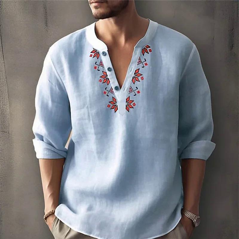 Áo Cánh Nam, Phong Cách Bohemian Cổ Điển In Hình, Tay Áo Dài, Áo Sơ Mi Cài Cúc Thường Ngày Dáng Rộng Vừa Vặn, Henley Cổ Chữ V, Thích Hợp Cho Các Hoạt Động Đi Biển, Áo Phông Hawaii Menswear Kate 3