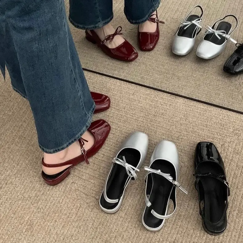 (Chân dày tăng size) Giày slingback quai nơ mũi vuông đế cao 3 phân kiểu dáng dễ thương sang chảnh ba màu đỏ đen bạc TN06