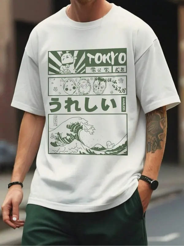 Unisex Men's Cartoon & Letter Print Drop Shoulder Tee, Regular Fit Street Fashion Soft Comfy Round Neck Half Sleeve T-Shirt for Daily Wear, Unisex Top for Summer 0