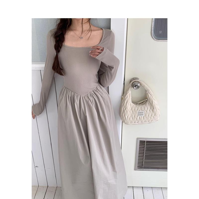 French Hepburn style long sleeve square neck bottoms dress WOMEN'S autumn 2024 new high-grade elegant inner match long dress Casual Womenswear 7