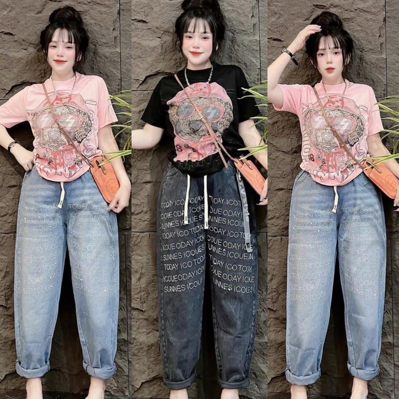 SÉT BỘ ÁO THUN IN HÌNH gấu mắt kính đá phối quần jean baggy nữ chữ đính đá - Tuhaodobo Top Women