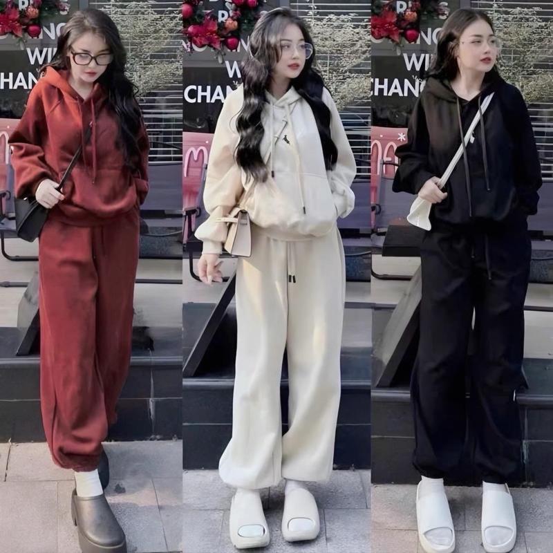 [ LÓT LÔNG NHUNG ] Bộ Đồ Nữ Áo Hoodie Hình Ngựa Trước Mix Quần Dài Ống Bom Chất Nỉ 2 Da Lót Lông - Hoàng Linh Clothing SB 145