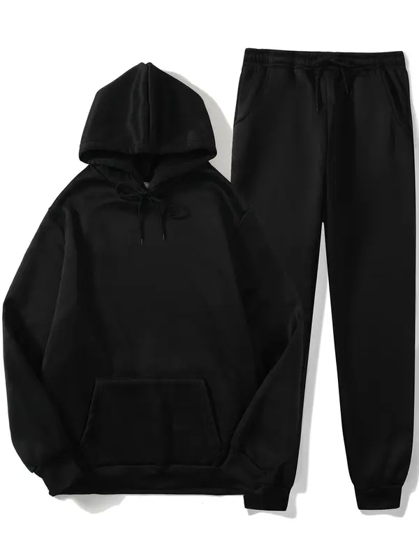 Men's Solid Two-piece Outfits, Regular Fit Casual Drop Shoulder Hoodie & Drawstring Sweatpants, Men Outfits for Fall & Winter, Airport Outfit, Matching Sets for Men, Premium Fabric 1