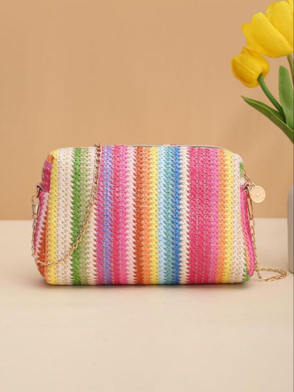 Summer 2025 Colorblock Straw Woven Crossbody Bag, Casual Trendy Shoulder Bag, Chain Bag for Women, Everyday Bags, Fashion All-match Square Bag for Beach Vacation, Purses Crossbody Bags, Unique Bags 4