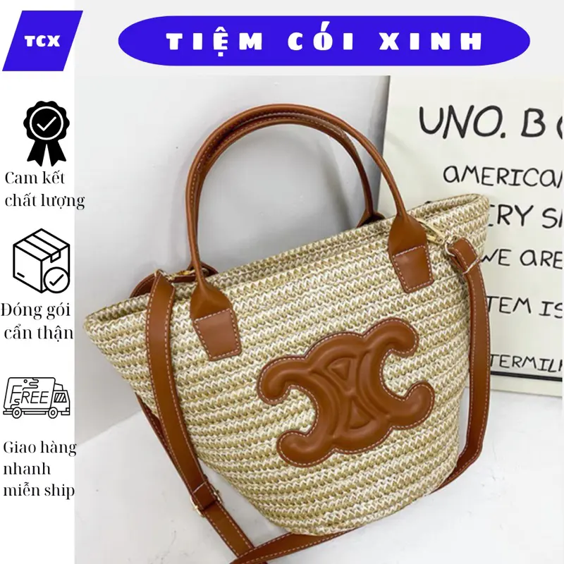 Túi cói logo da chữ X có quai xách và dây đeo chéo tháo rời kèm khoá kéo tiện lợi