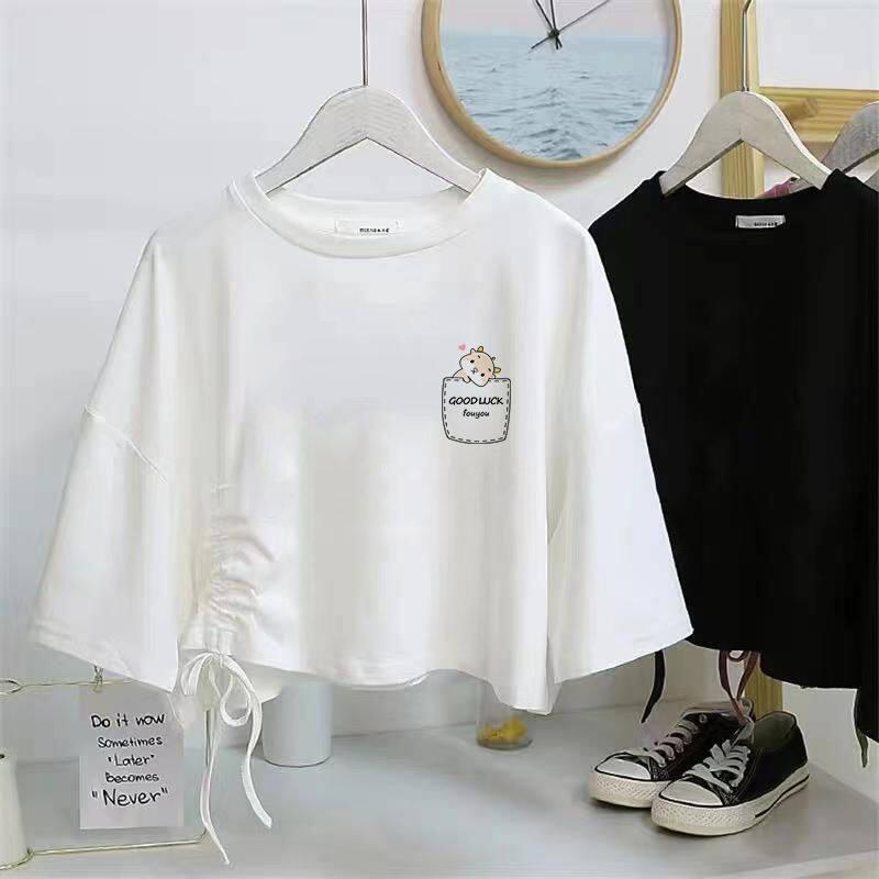 Product Introduction of Áo Thun Dây Rút ngắn tay, dành cho nữ, Cạp Cao, Cropped Xén, Dáng Rộng Vừa Vặn, Áo Crop Top 7