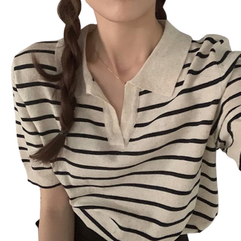 BLOUSE WANITA KOREA STRIPE Hitam Navy Baju rajut salur wanita Atasan knitwear basic 4