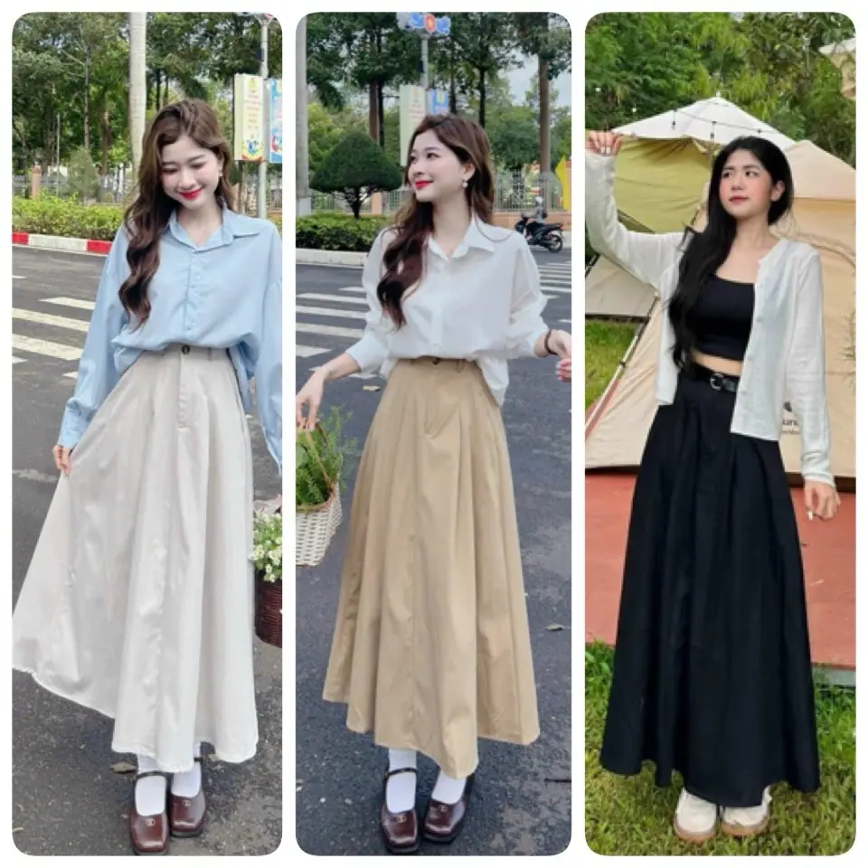 Chân váy nữ xòe dáng dài kaki lưng thun có 2 túi