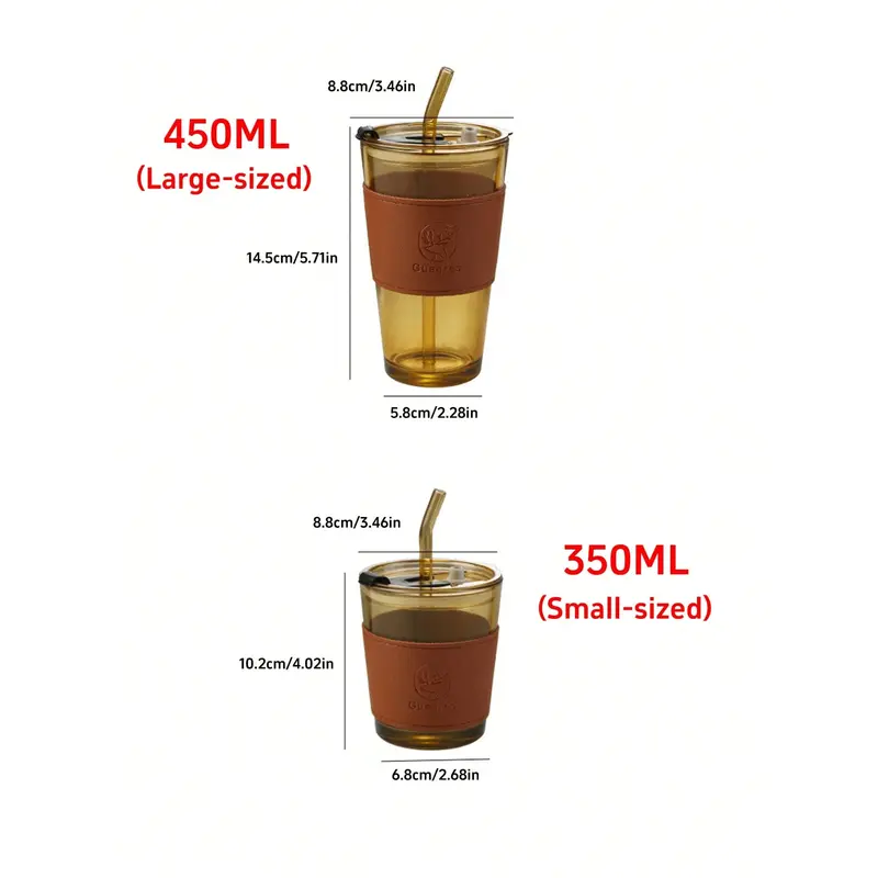 #KUP 1pc, 350ML Or 450ML Retro Transparent Water Cup, Glass Coffee Mugs With Straw And Lid, Iced Tea Cup, Juice Cup, Milk Cup, Coffee Cup, Thicken Wall Insulated Glass Cup With Protect Sleeve (Amber, Smoke Grey) 5