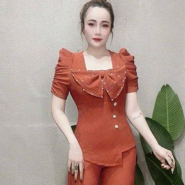 Set bộ quần dài ống ôm phối nơ ở trước áo tay phồng vải thun xốp  Women 1