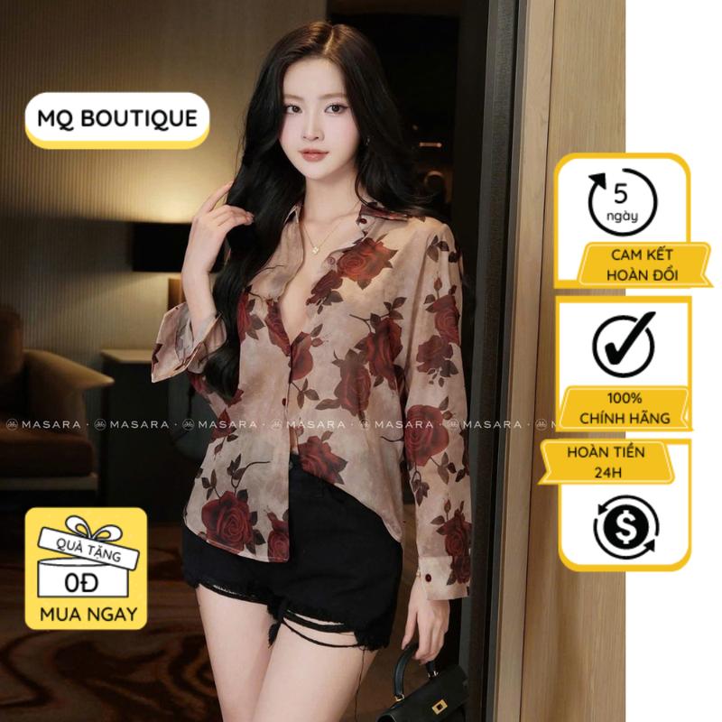  Sơ Mi Nữ Tơ Óng Hoa Hồng Dài Tay Thiết Kế MQ Boutique Công Sở Họa Tiết Hoa Hồng Nền Nâu Sang Trọng Dáng Cơ Bản 