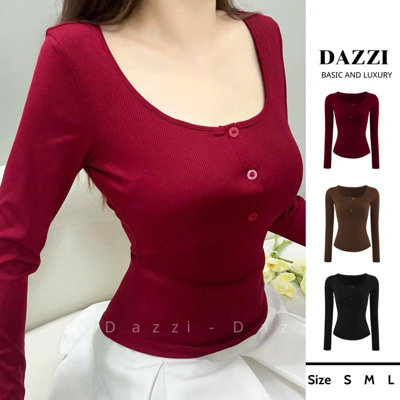 Áo Thun nữ DAZZI cổ vuông tay dài phối nút dọc ôm dáng Women