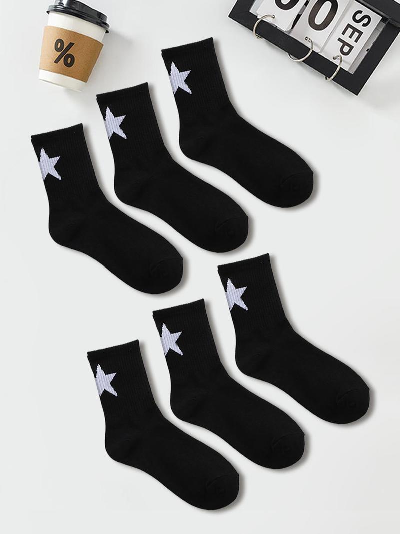 Product Introduction of Women's 6 Pairs Star Print Crew Socks, Mid-calf Socks, Ribbed Knit Mid Tube Socks, Multi-pack Mid Tube Socks for Women, Women's Socks & Hosiery 3