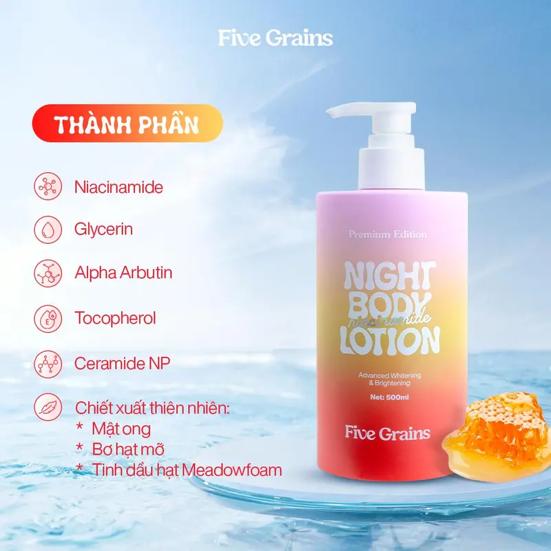 Combo kem dưỡng giúp dưỡng ẩm dưỡng trắng da body ban ngày và ban đêm Five Grains Niacinamide, Alpha-Arbutin 500ml 3