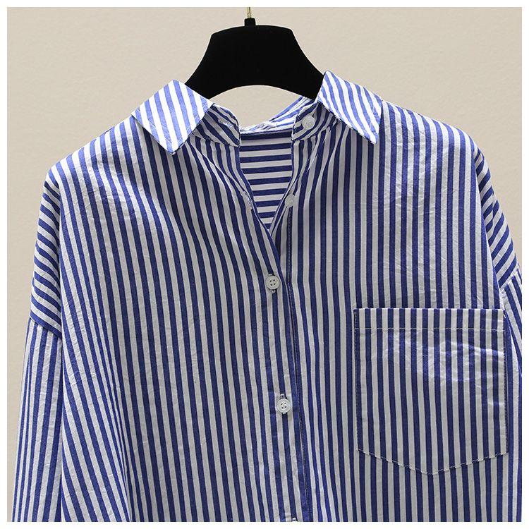 Product Introduction of [Frsud] pure cotton striped printed shirt, women's loose, long sleeve, simple casual style, half-length cardigan shirt, suitable for women, new in 2024 XL [211rx royal blue] blouse & shirt 8