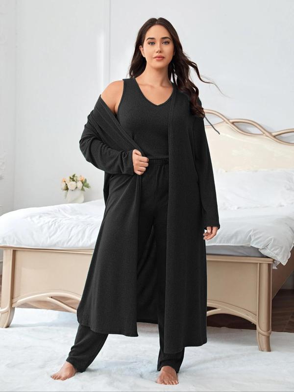 Plus Size Solid V Neck Tank Top & Elastic Waist Pants & Open Front Lounge Robe Set, Casual Comfy Sleepwear Set, Womens Clothes, Women's Sleepwear for All Seasons Valentine's Day, gift, Pajamas 4