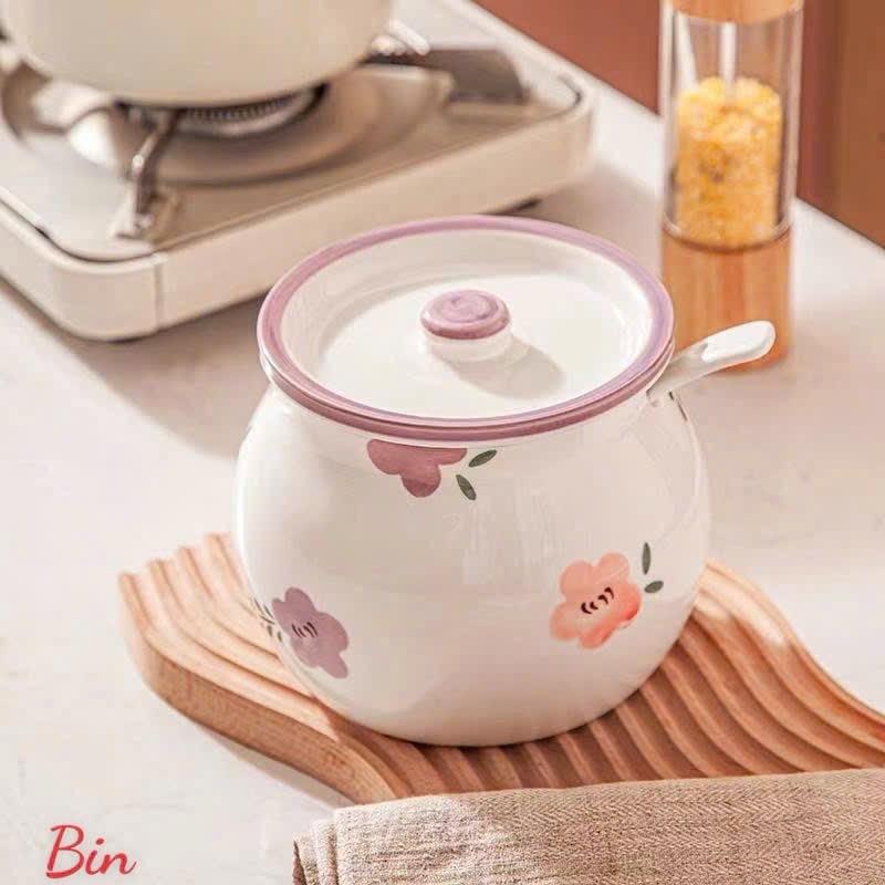 HŨ GỐM SỨ ĐỰNG MỠ HÌNH HOA, ĐỰNG GIA VỊ, CÓ NẮP + THÌA, CHỊU NHIỆT CAO, HỌA TIẾT HOA VĂN ĐẸP 700-1400ml 8
