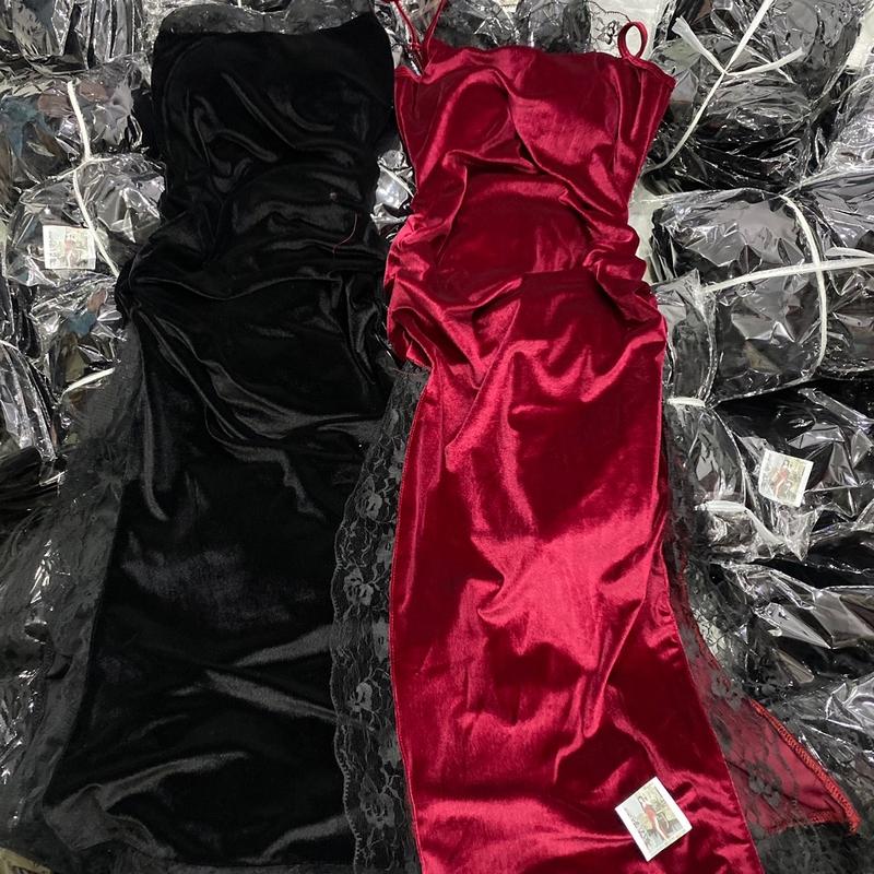 CHẤT NHUNG MÚT SỊN Đầm body maxi xẻ phối ren ( CÒN đen - đỏ đô ) Ôm gọn NHUNG Nữ Dress váy body xoắn eo 2