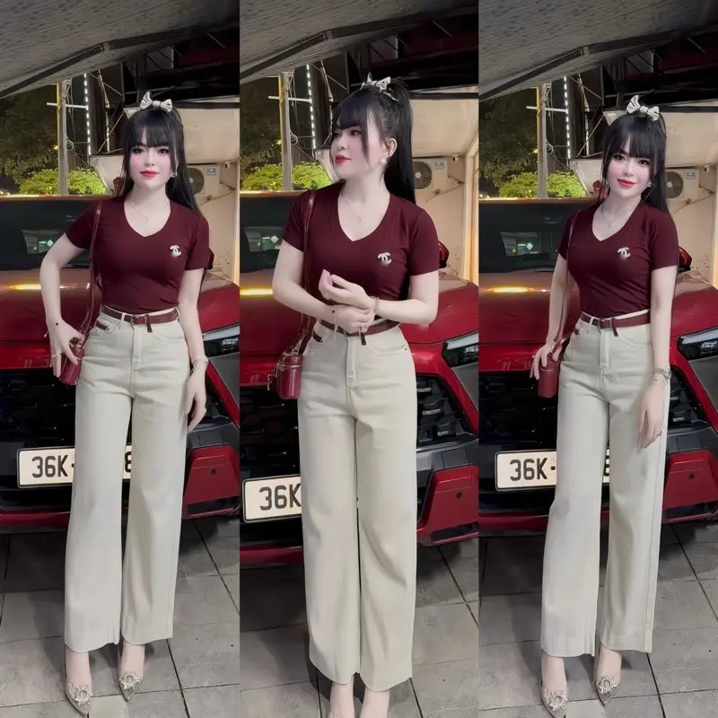 QUẦN BÒ MÀU KEM CHẤT KAKI MỀM .ĐAI THẮT LƯNG ĐỎ DÁNG NẤM 93cm CHẤT MỀM TÔN DÁNG
