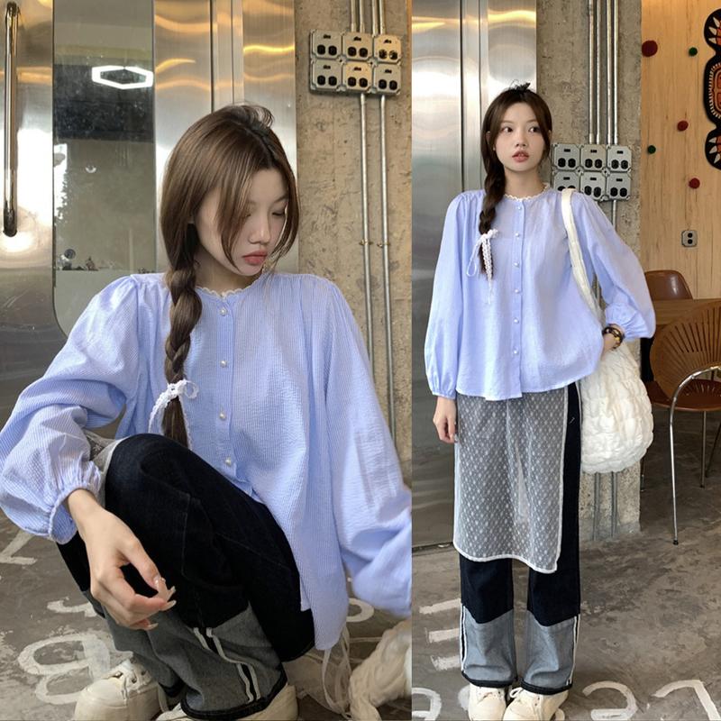 Áo sơ cổ tàu viền ren kẻ sọc tay bồng màu pastel Vintagevibes. Nữ Women Top Cổ Tròn Sơ Mi Shirt Tay Loe