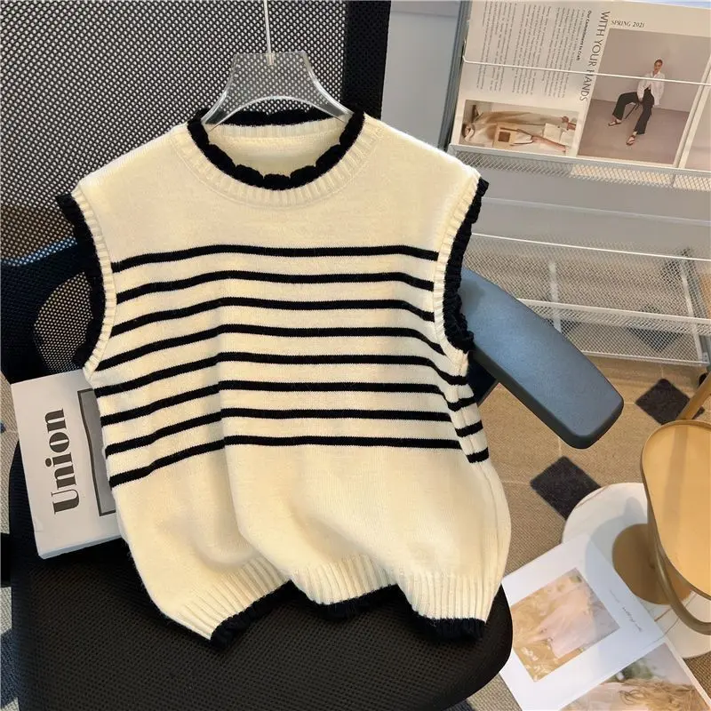 Áo Len Áo Chui Đầu, Sọc Màu Tương Phản, Cổ Thuyền Áo Vest Dệt Kim Cho Nữ, Phong Cách Hàn Quốc, Không Tay, Bó Sát, Áo Ghi Lê, Hàng Mới Về Mùa Xuân 2024 Women Top